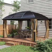 Outsunny 10' x 14' Hardtop Gazebo with Curtains, Netting, Pavilion with Steel Roof Ceiling Hook for Garden Patio, Brown(m-2)