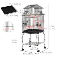 PawHut 53.9'' Large Rolling Steel Bird Cage Bird House with Detachable Rolling Stand, Storage Shelf, Wood Perch, Food Container, Black(m-3)