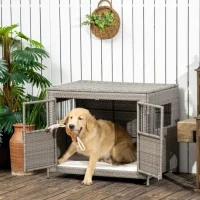 PawHut Rattan Dog Crate with Double Doors, Wicker Dog Cage with Soft Washable Cushion, Dog Kennel Furniture Outdoor Indoor for Medium to Large Sized Dogs, Gray(m-2)
