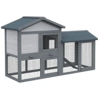 PawHut Wood Rabbit Hutch Backyard Bunny Cage Small Animal House Asphalt Roof w/ Ramp and Outdoor Run Dark Grey(m-2)