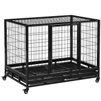 PawHut Heavy Duty Dog Crate Cage for Large Dogs Cats with Two Doors, Lockable Wheels, Removable Tray, 43" x 30" x 32''(m-2)