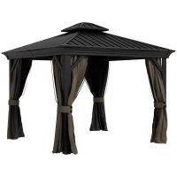 Outsunny 10' x 10' Hardtop Gazebo, Pavilion Gazebo with Curtains, Nettings, Aluminum Frame, Hooks, for Garden, Patio, Dark Brown(m-11)
