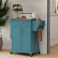 HOMCOM Kitchen Island with Wheels, Rolling Kitchen Island with Storage, Stainless Steel Countertop for Dining Room, Blue(m-2)