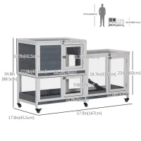 PawHut Wooden Rabbit Hutch Elevated Pet House Bunny Cage Small Animal Habitat with Slide-out Tray Lockable Door Openable Top for Indoor 58" x 18" x 35" Grey(m-3)