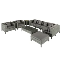 Outsunny Patio Furniture Set, 9 Piece Outdoor Sectional Sofa, All-Weather PE Rattan Wicker Conversation Set with Chairs, Ottoman, Loveseat, Coffee and Side Table, Cushions, Gray(m-11)