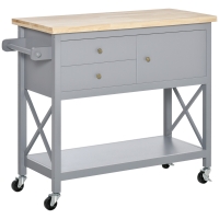 HOMCOM Rolling Kitchen Island Cart, Utility Trolley Cart with Rubberwood Top Storage Cabinet, 2 Drawers, Towel Rack, Grey