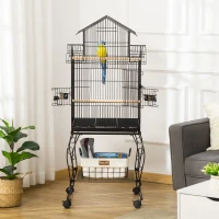 PawHut 53.9'' Large Rolling Steel Bird Cage Bird House with Detachable Rolling Stand, Storage Shelf, Wood Perch, Food Container, Black(m-1)
