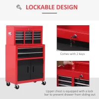 HOMCOM 6-Drawer Rolling Tool Chest, 2 in 1 Lockable Storage Cabinet with Hooks, Metal Tool Box for Garage, Workshop, Red(m-7)