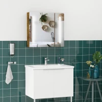 kleankin Lighted Medicine Cabinet with Mirror, 27.5" x 25.5" Wall Mounted Dimmable Bathroom Mirror Cabinet with 3-Tier Storage Shelves, LED Lights, Smart Touch and USB Charge, Dark Wood Grain(m-10)