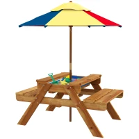 Outsunny Sensory Table 3 in 1 Toddler Water and Sand Table w/ Foldable Umbrella 2 Play Boxes Removable Top, 3-6 Years Old, Teak(m-11)