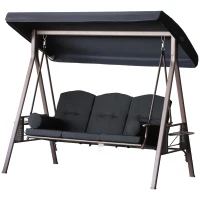 Outsunny 3-Seat Patio Swing Chair, Outdoor Porch Swing Glider with Adjustable Canopy, Removable Cushion, Pillows and Side Trays, for Garden, Poolside, Backyard, Black(m-11)