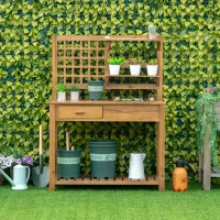 Outsunny Potting Bench Table, Garden Work Bench, Outdoor Wooden Workstation with Tiers of Shelves and Drawer for Patio, Courtyards, Balcony, Brown(m-10)