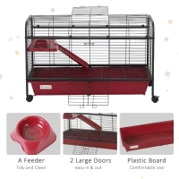 PawHut 42”Metal Wire Small Animal Pet Cage with EasyWheels for Portability & Spacious Multi-Level Design, Red and Black(m-7)