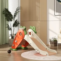 Qaba 3 in 1 Toddler Slide for Kids Age 1-3 Years, Foldable Carrot-themed Baby Slide with Basketball Hoop, Orange(m-10)