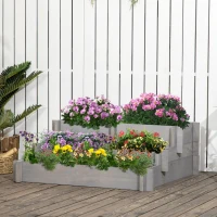 Outsunny 3 Tier Raised Garden Bed, Water Draining Fabric for Soil, Elevated Wood Flower Box for Vegetables, Herbs, Gray(m-10)