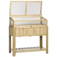 Outsunny Raised Garden Bed, Outdoor Wooden & PVC Elevated Planter Box with Cold Frame Greenhouse and Storage Shelf, Natural(m-11)