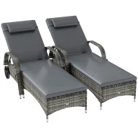 Outsunny 2 Reclining Chaise Lounge Chairs, Rolling Outdoor Chairs with Cushion, Pillow, Headrest, Armrests, and Wheels, Gray(m-1)