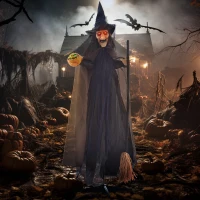 HOMCOM 6.2' Life Size Decoration Animatronic Witch w/ Broomstick Outdoor Halloween, Sound & Motion Activated w/ Light Up Eyes(m-1)