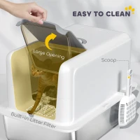 PawHut 2 in 1 Stainless Steel Cat Litter Box with Removable Lid, Scoop, Filter Bags, for Small to Large Cats, White(m-5)