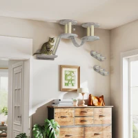 PawHut 3PCs Cat Wall Shelves w/ Scratching Post, Perches, Steps, Ladder, Light Grey(m-1)