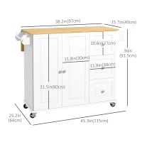 HOMCOM Kitchen Island on Wheels, Kitchen Cart with Drop Leaf, Drawers, White(m-3)