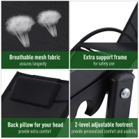 Outsunny Outdoor Lounge Chair with Breathable Mesh Fabric Seat, 5-Level Adjustable Reclining Chair with Aluminum Frame, Headrest Pillow, Adjustable Footrest, Black(m-6)