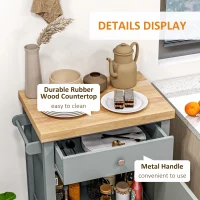 HOMCOM Kitchen Cart on Wheels, Rolling Kitchen Island Cart with Wood Top, Towel Rack, Drawer and Shelf for Dining Area, Grey(m-6)