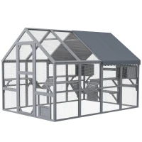 PawHut Wooden Catio Outdoor Cat Enclosure with Waterproof Cover, 2 Condos, 6 Platforms, Bridge, Doors, Gray(m-1)