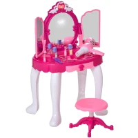 Qaba Infrared Remote Control Kids Vanity Set, Girls Pretend Dressing Table Set with Magic Wand, Music, Lightening, Cosmetic Mirror, Hair Dryer and Makeup Accessories(m-1)