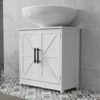 HOMCOM Farmhouse Pedestal Sink Storage Cabinet, Bathroom Sink Cabinet with 2 Barn Doors and Adjustable Shelf, White(m-8)