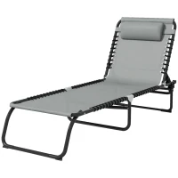 Outsunny Folding Lounge Chair, Adjustable Chaise Lounge with Headrest, Reclining Lounger Cot for Camping, Hiking, Light Grey(m-2)