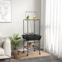 PawHut Bird Stand with Wheels, Perches, Stainless Steel Feed Bowls, Pull-Out Tray for Indoor Outdoor Small Parrot, Dark Gray(m-10)