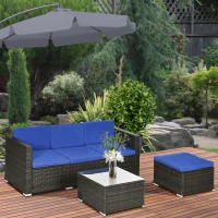 Outsunny 3 Pieces Patio Furniture Set with Cushions, Outdoor PE Rattan Wicker Conversation Corner Sofa Set with Glass Top Table and Adjustable Foot for Garden, Lawn, Blue(m-8)
