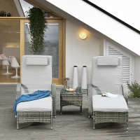 Outsunny Patio Rattan Lounge Set, Wheeled Wicker Chaise Lounge Chair and Table with Tempered Glass Top, Mixed Grey(m-8)