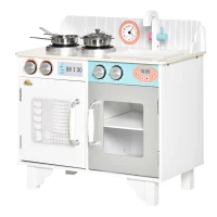 Qaba Kids Kitchen Play Cooking Toy Set, Educational Pretend Role Playset Game, with Sink, Faucet, Cooking Bench, Stainless Steel Pot, for 3-6 Years Old, White(m-11)