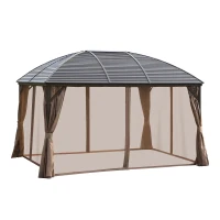 Outsunny 10' x 13' Hardtop Gazebo with Curtains, Netting, Pavilion with Steel Roof Ceiling Hook for Garden Patio, Brown(m-11)