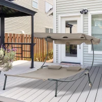 Outsunny Patio Double Chaise Lounge Chair, Outdoor Wheeled Hammock Daybed with Adjustable Canopy and Pillow for Sun Room, Garden, or Poolside, Brown(m-9)