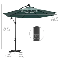 Outsunny 10ft Outdoor Cantilever Hanging Offset Umbrella with Solar LED Lights, Crank, Cross Base, Aluminum Frame, Green(m-3)