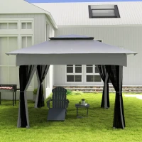 Outsunny 11' x 11' Pop Up Canopy 2-Tier Soft Top Shelter Event Tent w/ Netting Carry Bag for Patio Backyard Garden, Light Grey(m-10)