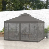 Outsunny 10x12 Gazebo with Shelves, Double Roof, and Netting for Outdoor Use, Perfect for Family Gatherings, Gray(m-10)