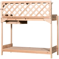 Outsunny Outdoor Garden Potting Bench, Wooden Workstation Table w/ Drawer, Hooks, Open Shelf, Lower Storage and Lattice Back for Patio, Backyard and Porch(m-7)