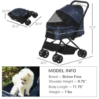 PawHut 4 Wheels Pet Stroller with Reversible Handle, Foldable Cat Dog Travel Carriage with EVA Wheel Brake, 3-stage Canopy, Mesh Window Door, Dark Blue(m-3)
