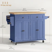 HOMCOM Kitchen Island with Storage, Rolling Trolley Cart with Rubber Wood Top, Spice Rack, Towel Rack, Navy Blue(m-3)