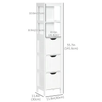 kleankin Narrow Bathroom Cabinet with 3 Drawers and 2 Tier Shelf, Tall Cupboard Freestanding Linen Tower, White(m-3)