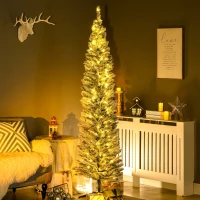 HOMCOM 7ft Pencil Christmas Tree, Slim Artificial Christmas Tree with Realistic Branches and Warm White LED Lights, Green(m-10)