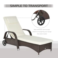 Outsunny Wicker Chaise Lounge, Outdoor Lounge Chair, PE Rattan Patio Sun lounger with Head-rest, 5-Level Height Adjust Backrest, Cushion & Wheels, Mixed Brown and Cream White(m-7)