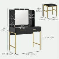 HOMCOM Makeup Vanity Table Set with Lighted Mirror, Stool, Drawers, Shelves, 2 Lighting Modes, Dressing Table, Black(m-3)