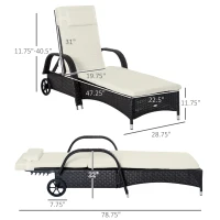 Outsunny Wicker Chaise Lounge, Outdoor Lounge Chair, PE Rattan Patio Sun lounger with Head-rest, 5-Level Height Adjust Backrest, Cushion & Wheels, Deep Coffee and Cream White(m-3)