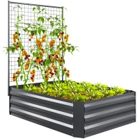 Outsunny Galvanized Raised Garden Bed with Trellis for Climbing Plants, Outdoor Planter Box with Open Bottom, Dark Grey(m-11)