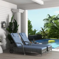 Outsunny Wicker Chaise Lounger 2 PC with Cushion Pillow Headrest Armrests and Wheels for Garden and Pool Gray(m-10)